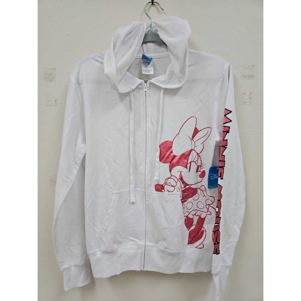 Disney Minnie Mouse Jacket Womens L Lightweight White Pink Hooded Full Zip